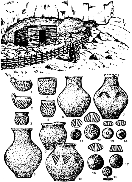 Рис. 17. Скотоводческое хозяйство племен кизилкобинской культуры. Реконструкция общего вида загона для скота под скальным навесом.