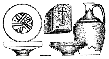 Керамическая посуда и фрагмент карниза из раскопок церкви св. Георгия. Рис. В. Сидоренко.
