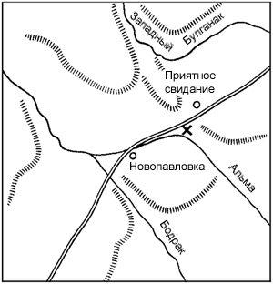 Схема расположения рек в месте впадения Бодрака в Альму. По Н. И. Лысенко.