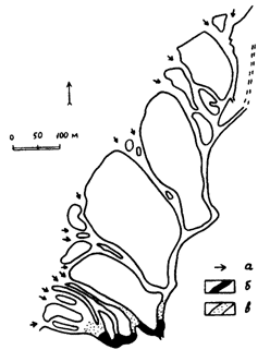 Рис. 14. План абляционной пещеры Парадайз в леднике Стевена, США (по Ч. Андерсону, 1994) а - входы, обвалы, б - 1967-69 гг., в -1970-71 гг.