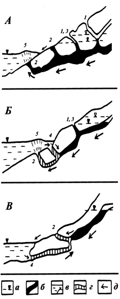 Рис. 32. Движение пресных и соленых вод на морском побережье (по А. Бегли, 1978).